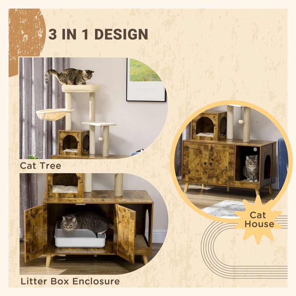 PawHut Litter Box Enclosure with Cat Tree Tower, Hammock, Cushion