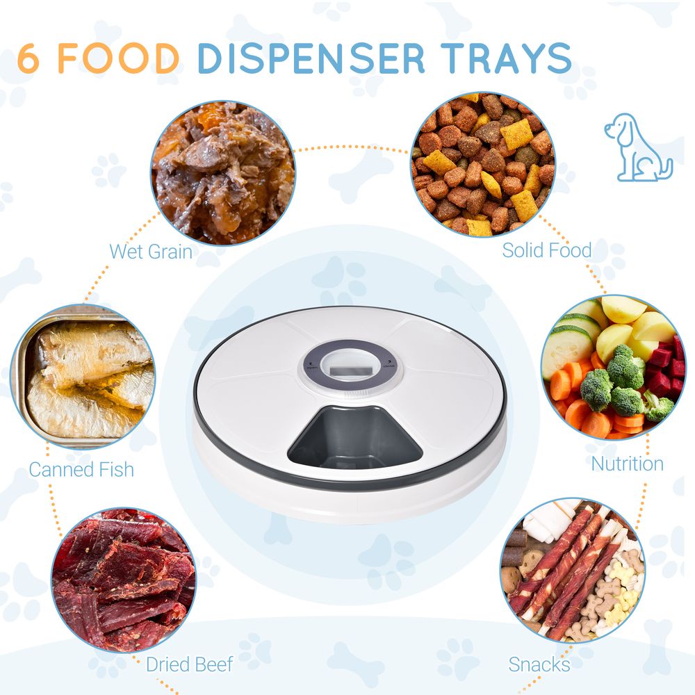Automatic Pet Feeder w/ Digital Timer Six-Meal Food Dispenser Trays White