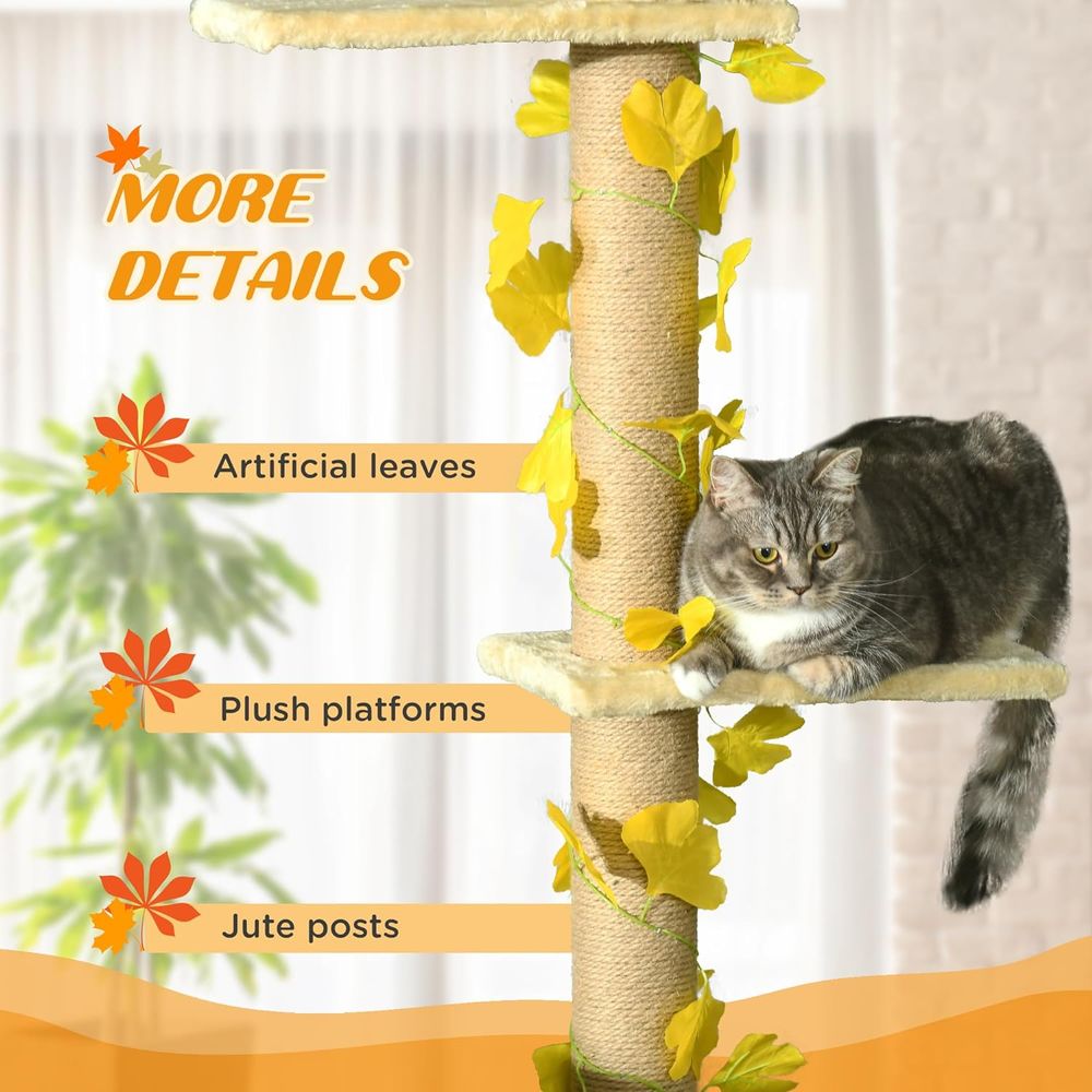 242cm Adjustable Floor-To-Ceiling Cat Tree w/ Anti-Slip Kit - Yellow
