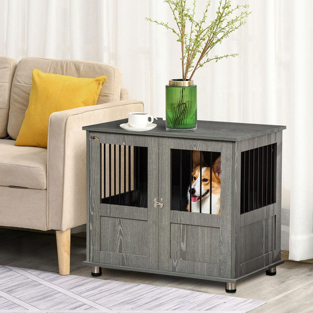 Wooden & Wire Dog Cage for Medium Dog, Stylish Pet Kennel w/ Magnetic Doors