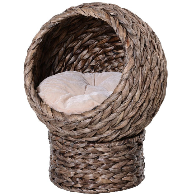 Wicker Cat House, Raised Cat Bed with Cylindrical Base, 42 x 33 x 52cm - Brown