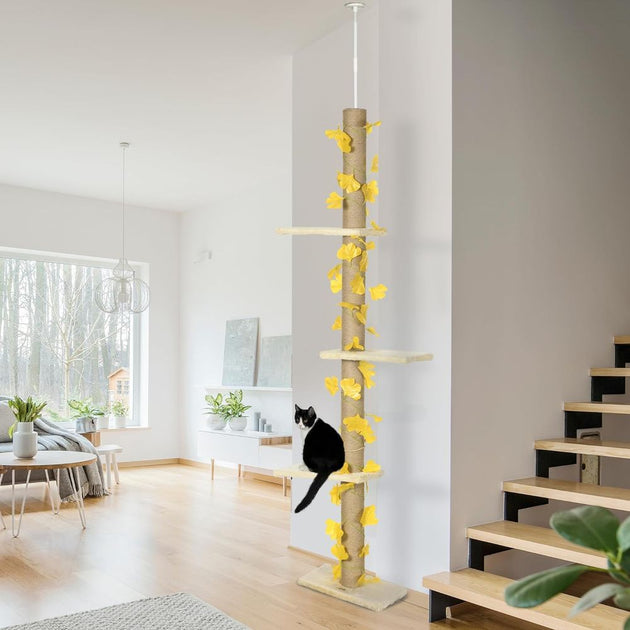 242cm Adjustable Floor-To-Ceiling Cat Tree w/ Anti-Slip Kit - Yellow