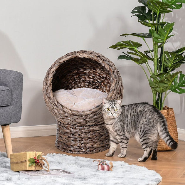 Wicker Cat House, Raised Cat Bed with Cylindrical Base, 42 x 33 x 52cm - Brown